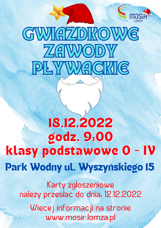 grafika czapka i broda świętego Mikołaja, plakat zachęcający do udziału w gwaizdkowych zawodach pływackich w Parku Wodnym